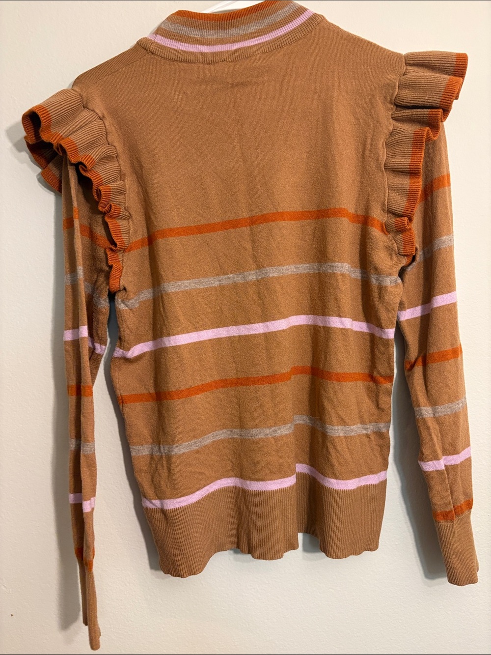THML Tan Striped Ruffle-Shoulder Sweater - Picture 7 of 9